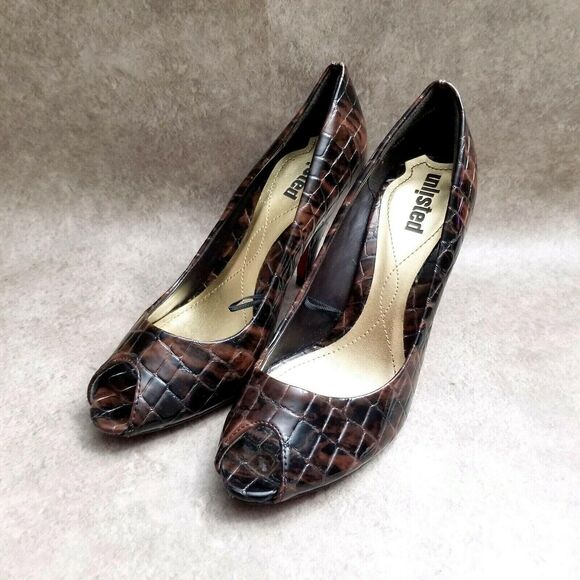 Unlisted Womens Stylish 76154 Size 6 Brown Peep Toe Croc Pattern 3.5" Heels Pump - Picture 3 of 9
